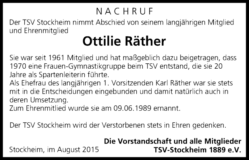  Traueranzeige für Ottilie Räther vom 22.08.2015 aus MGO