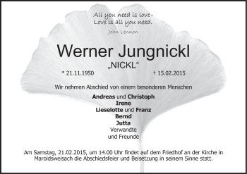 Anzeige von Werner Jungnickl von MGO