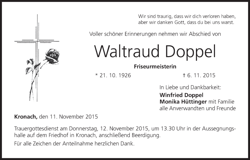  Traueranzeige für Waltraud Doppel vom 11.11.2015 aus MGO