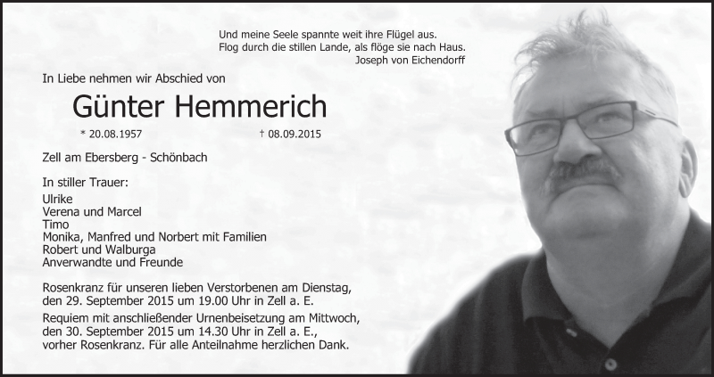  Traueranzeige für Günter Hemmerich vom 28.09.2015 aus MGO