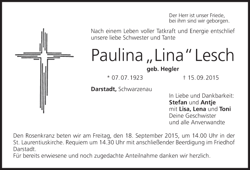  Traueranzeige für Paulina Lesch vom 17.09.2015 aus MGO
