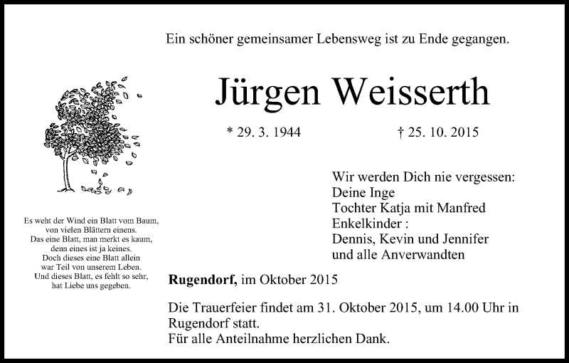  Traueranzeige für Jürgen Weisserth vom 29.10.2015 aus MGO