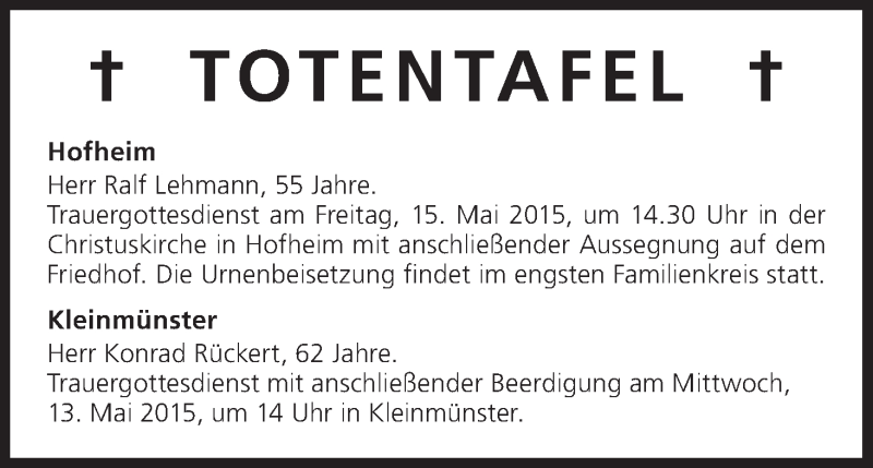  Traueranzeige für Totentafel vom 13.05.2015 vom 13.05.2015 aus MGO