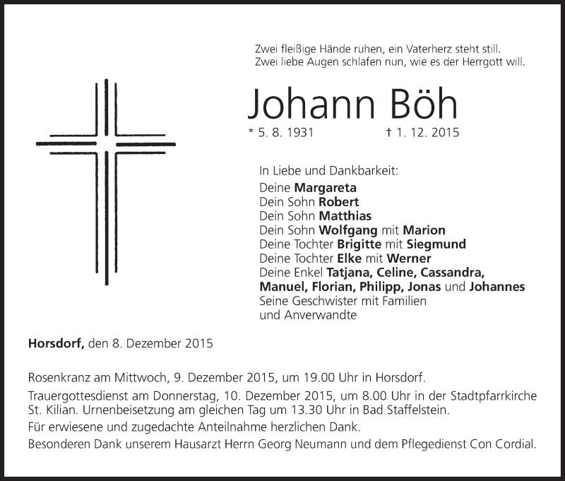  Traueranzeige für Johann Böh vom 08.12.2015 aus MGO