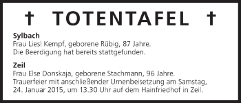 Anzeige von Totentafel vom 23.01.2015 von MGO