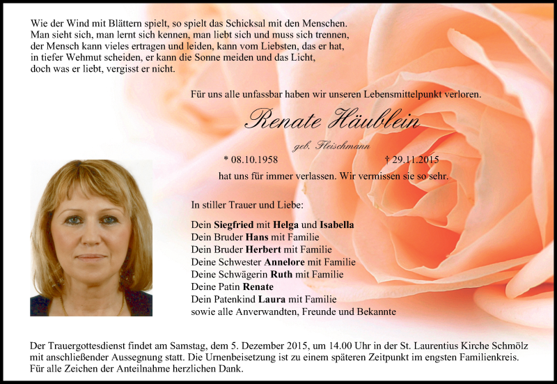  Traueranzeige für Renate Häublein vom 03.12.2015 aus MGO