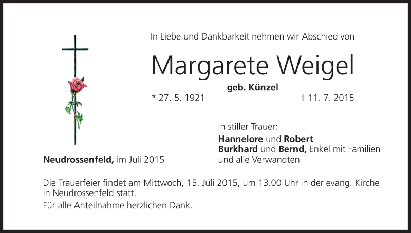  Traueranzeige für Margarete Weigel vom 13.07.2015 aus MGO
