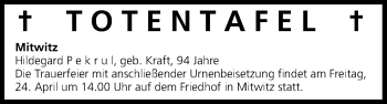 Anzeige von Totentafel vom 23.04.2015 von MGO