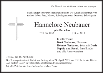 Anzeige von Hannelore Neubauer von MGO