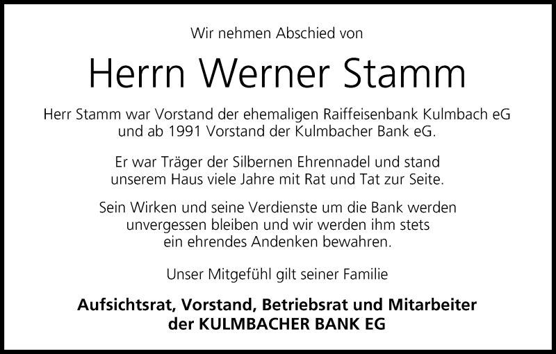  Traueranzeige für Werner Stamm vom 31.03.2015 aus MGO