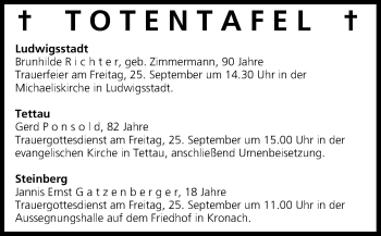 Anzeige von Totentafel vom 24.09.2015 von MGO