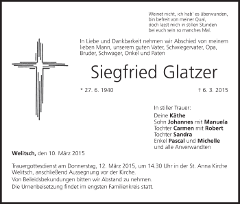 Anzeige von Siegfried Glatzer von MGO