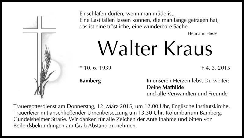  Traueranzeige für Walter Kraus vom 07.03.2015 aus MGO