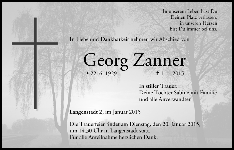  Traueranzeige für Georg Zanner vom 17.01.2015 aus MGO