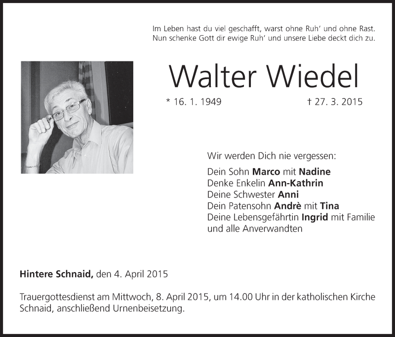  Traueranzeige für Walter Wiedel vom 04.04.2015 aus MGO