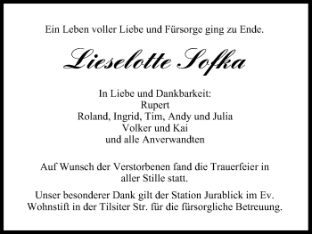 Anzeige von Lieselotte Sofka von MGO