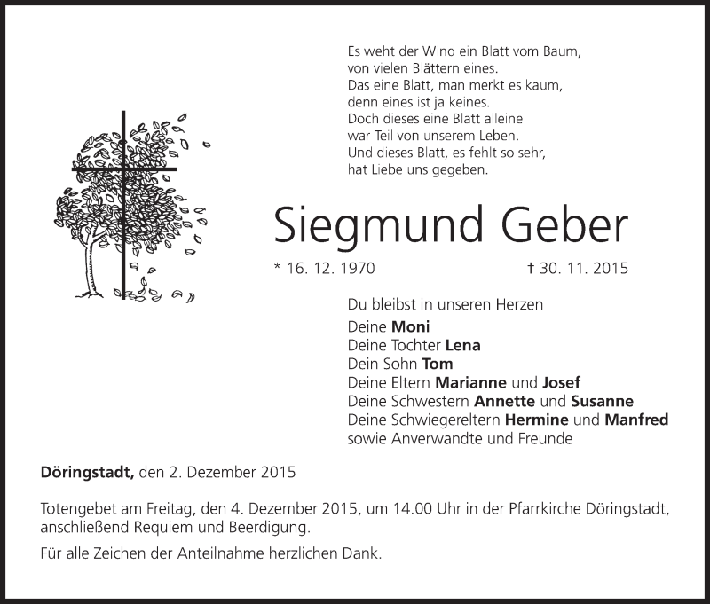  Traueranzeige für Siegmund Geber vom 02.12.2015 aus MGO