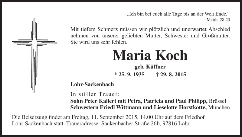  Traueranzeige für Maria Koch vom 05.09.2015 aus MGO