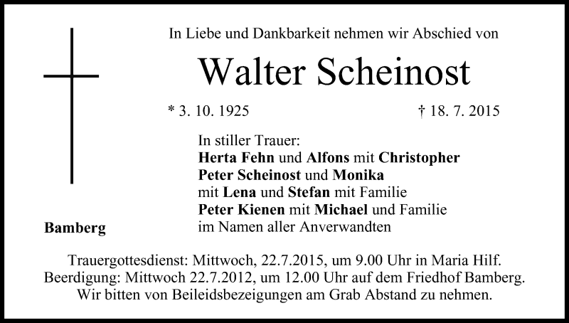  Traueranzeige für Walter Scheinost vom 20.07.2015 aus MGO