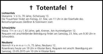 Anzeige von Totentafel 22.05.2015 von MGO
