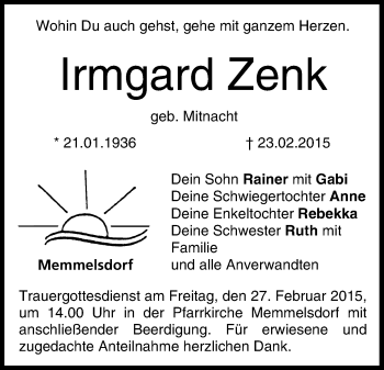 Anzeige von Irmgard Zenk von MGO