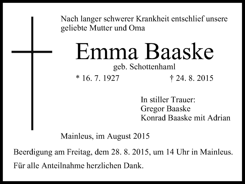  Traueranzeige für Emma Baaske vom 27.08.2015 aus MGO