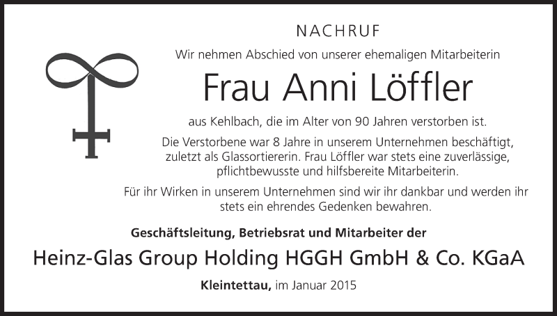  Traueranzeige für Anni Löffler vom 15.01.2015 aus MGO