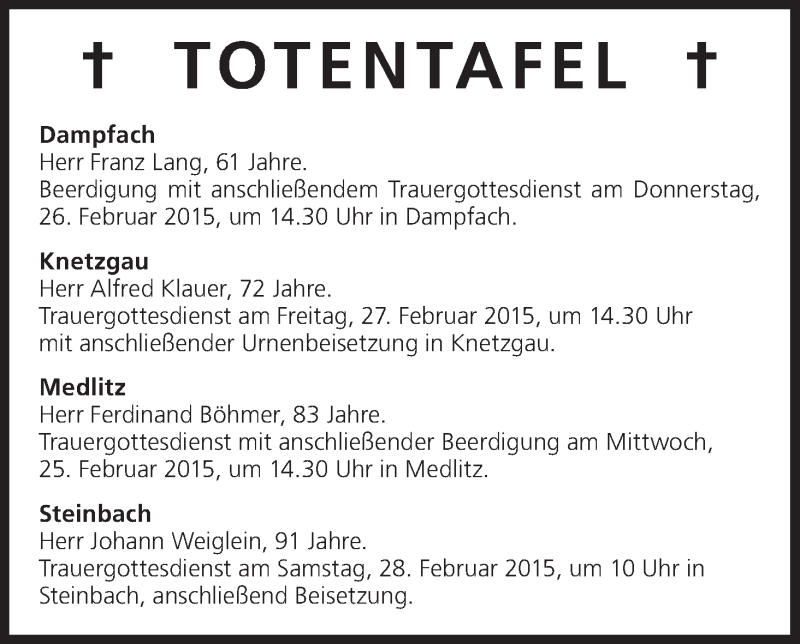  Traueranzeige für Totentafel vom 25.02.2015 vom 25.02.2015 aus MGO