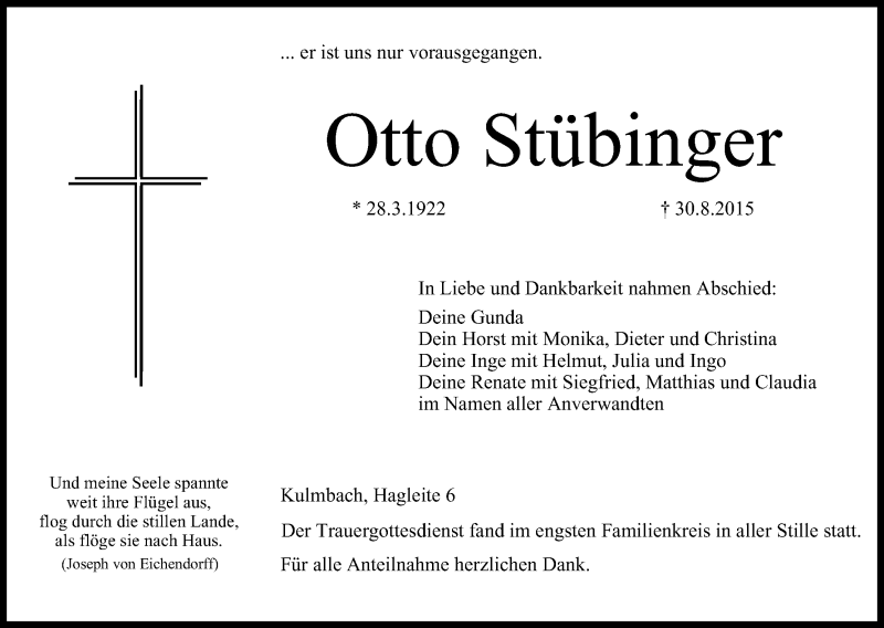  Traueranzeige für Otto Stübinger vom 05.09.2015 aus MGO