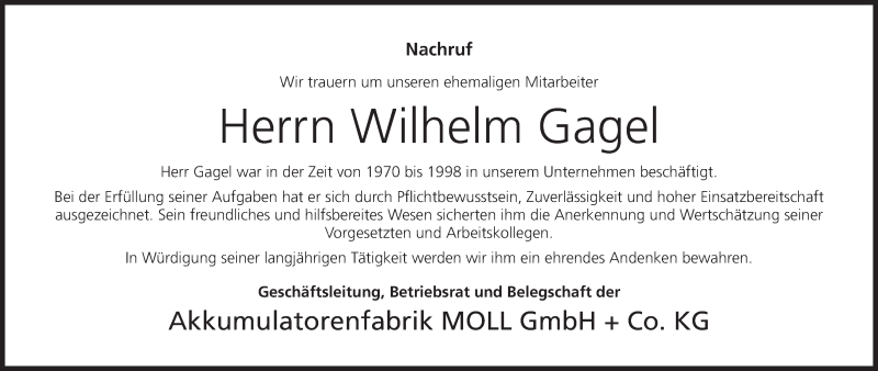  Traueranzeige für Wilhelm Gagel vom 02.03.2015 aus MGO