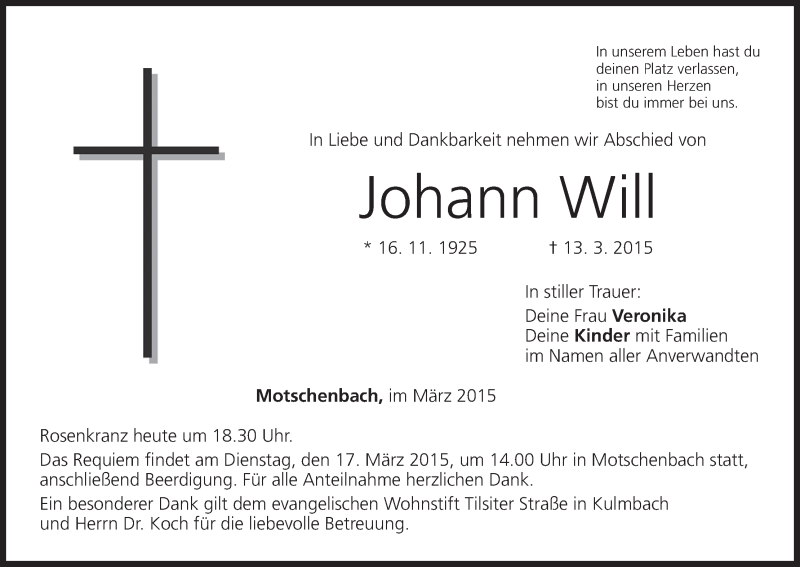  Traueranzeige für Johann Will vom 16.03.2015 aus MGO