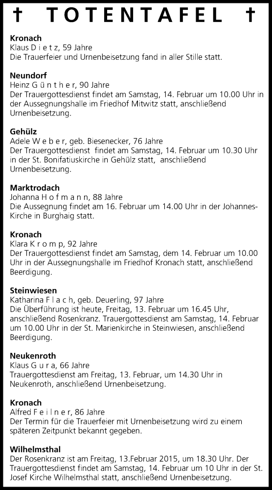  Traueranzeige für Totentafel vom 13.02.2015 vom 13.02.2015 aus MGO