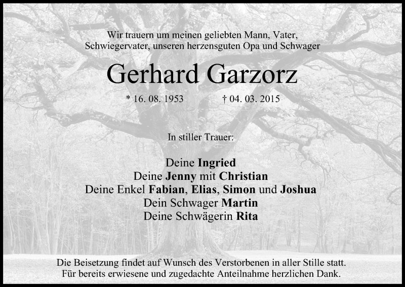  Traueranzeige für Gerhard Garzorz vom 07.03.2015 aus MGO
