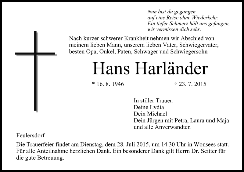  Traueranzeige für Hans Harländer vom 25.07.2015 aus MGO
