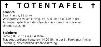Anzeige von Totentafel vom 13.05.2015 von MGO