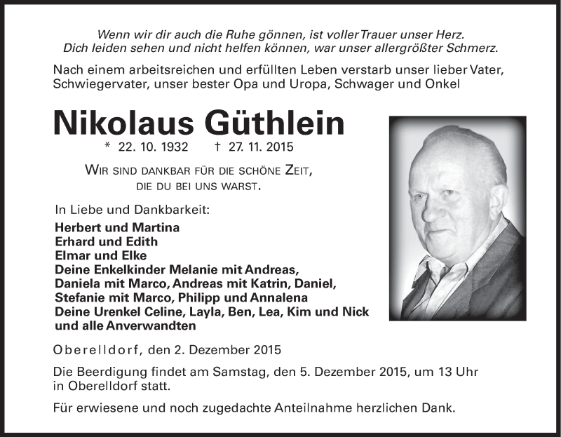  Traueranzeige für Nikolaus Güthlein vom 02.12.2015 aus MGO
