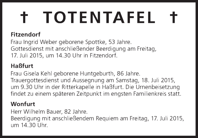  Traueranzeige für Wilhelm Bauer vom 16.07.2015 aus MGO