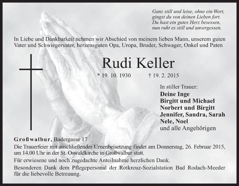  Traueranzeige für Rudi Keller vom 23.02.2015 aus MGO