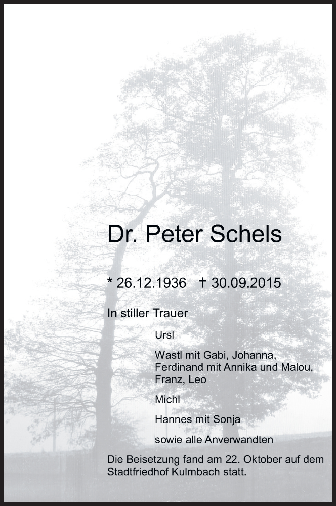  Traueranzeige für Peter Schels vom 24.10.2015 aus MGO