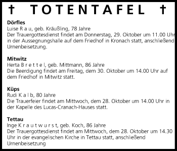 Anzeige von Totentafel vom 27.10.2015 von MGO