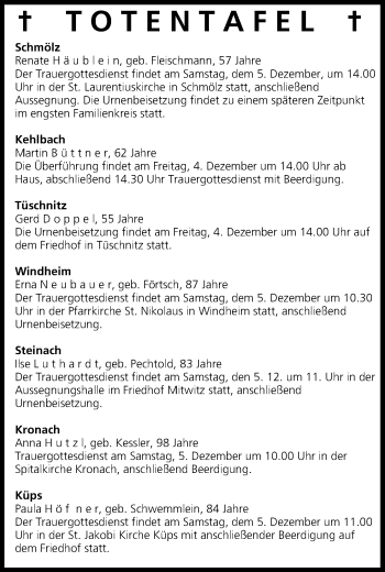 Anzeige von Totentafel vom 04.12.2015 von MGO