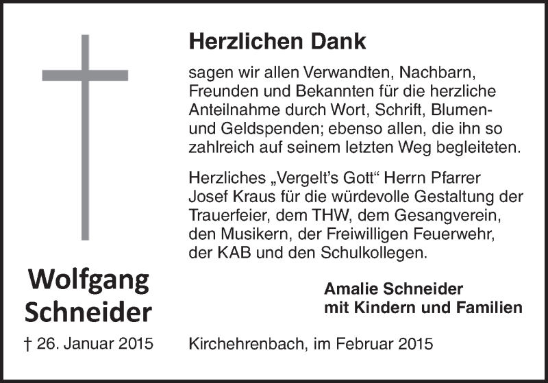  Traueranzeige für Wolfgang Schneider vom 14.02.2015 aus MGO