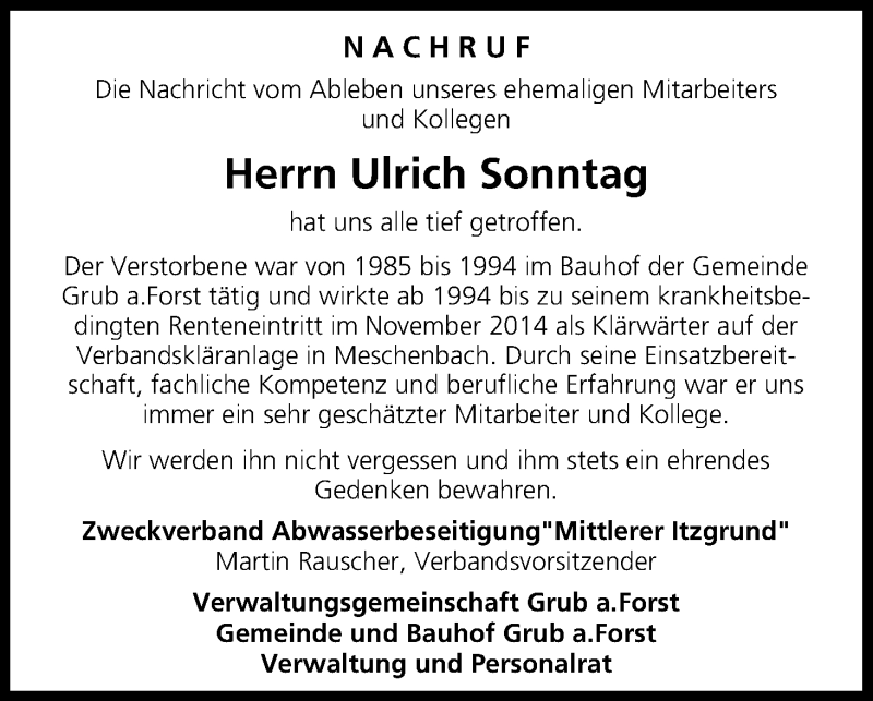  Traueranzeige für Ulrich Sonntag vom 16.02.2015 aus MGO