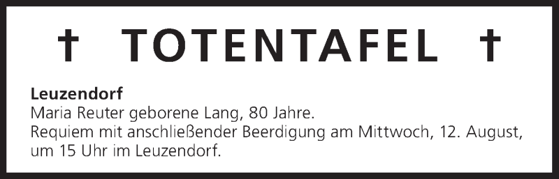  Traueranzeige für Totentafel vom 12.08.2015 vom 12.08.2015 aus MGO