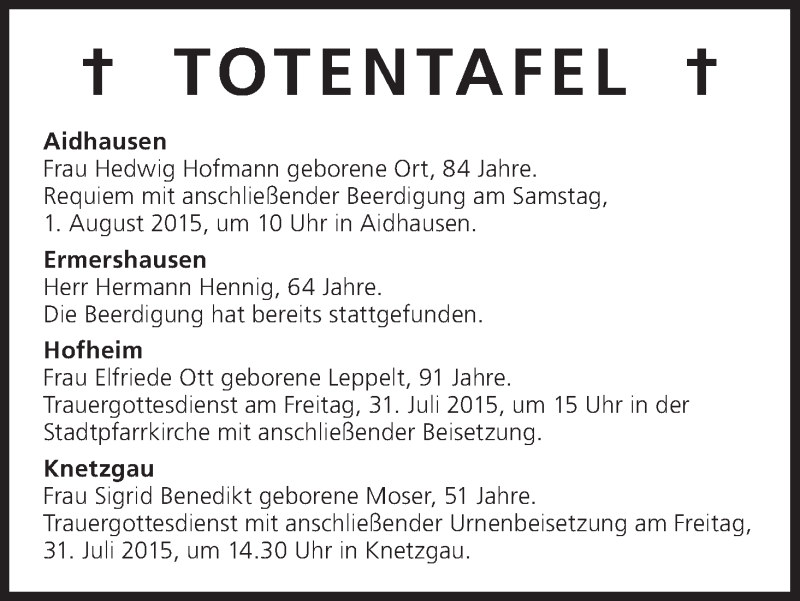  Traueranzeige für Totentafel vom 31.07.2015 vom 31.07.2015 aus MGO