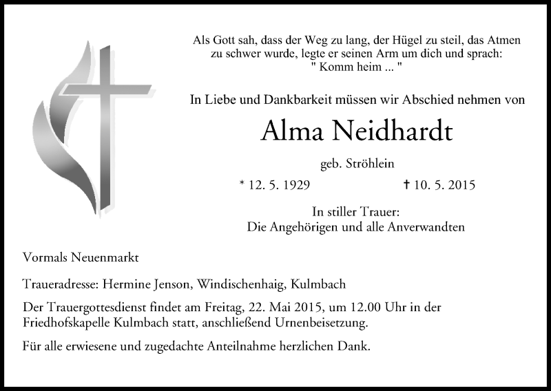  Traueranzeige für Alma Neidhardt vom 20.05.2015 aus MGO