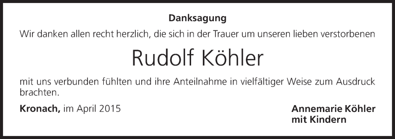  Traueranzeige für Rudolf Köhler vom 04.04.2015 aus MGO