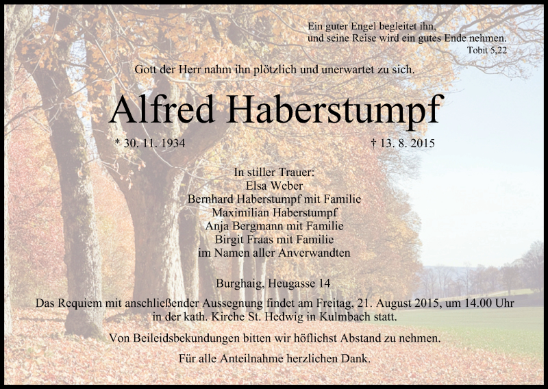  Traueranzeige für Alfred Haberstumpf vom 19.08.2015 aus MGO