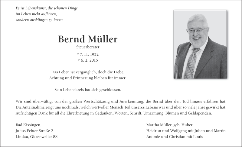  Traueranzeige für Bernd Müller vom 21.02.2015 aus MGO
