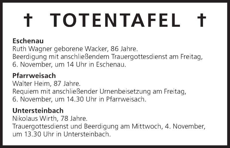  Traueranzeige für Totentafel vom 04.11.2015 vom 04.11.2015 aus MGO